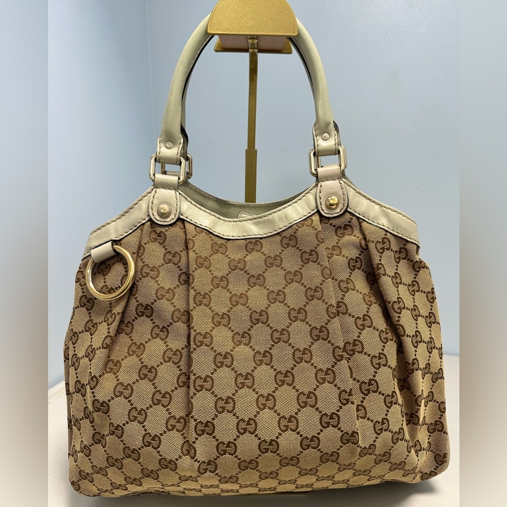 Gucci Handbag Sukey Large Canvas Tote Bag Leather Trim Beige